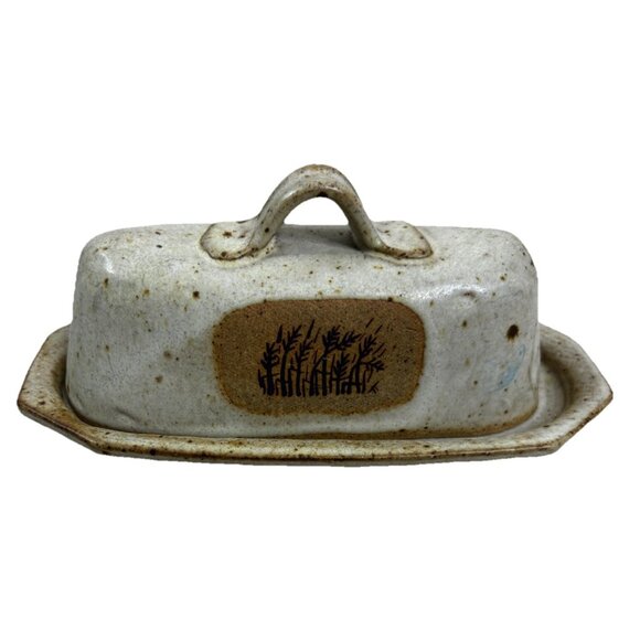 VTG Stoneware Butter Dish Wheat Accent Primitive Speckled Signed EUC - Picture 1 of 9
